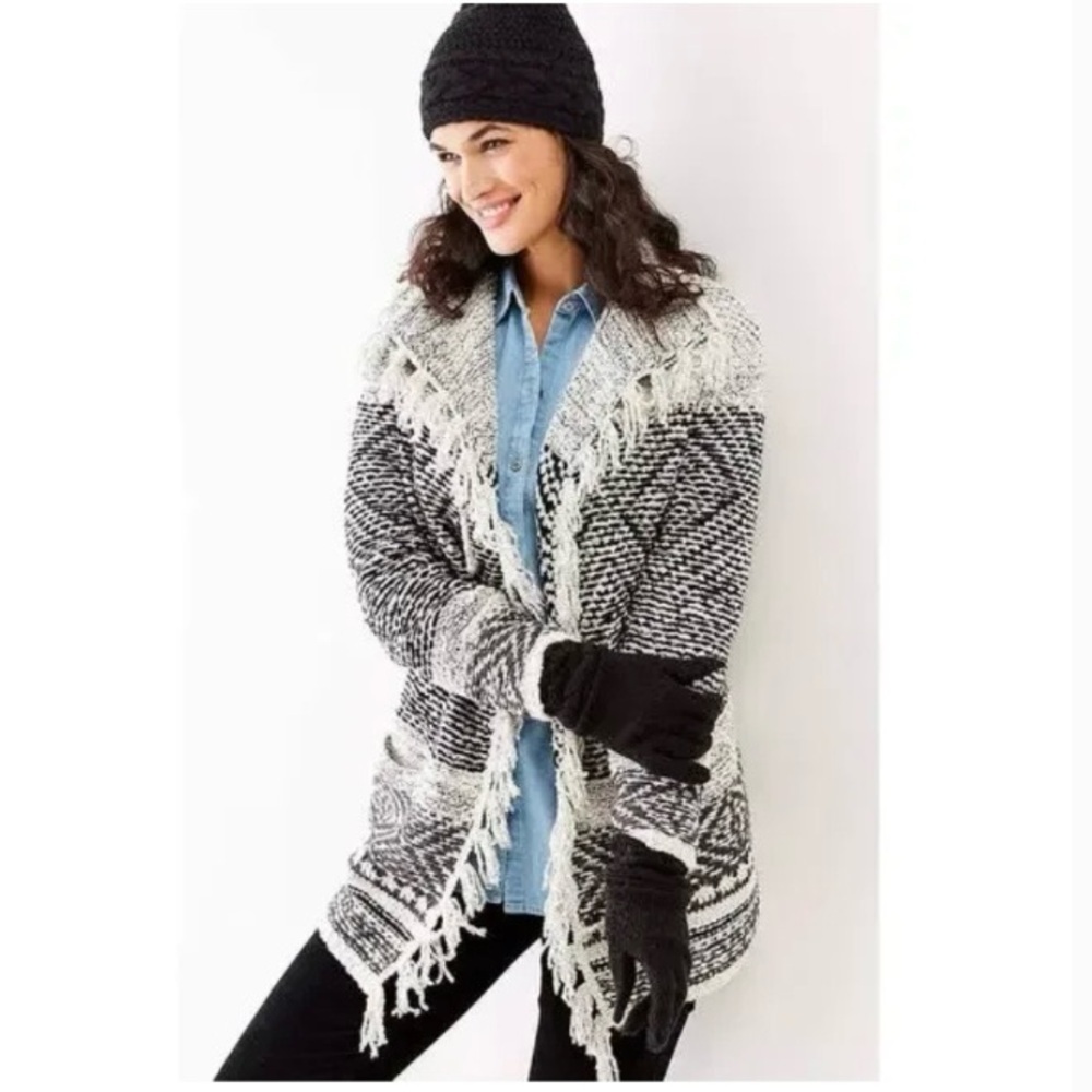 J.JILL Size L Blk White Willow Faire Isle Cardigan Open front Fringe wool blend